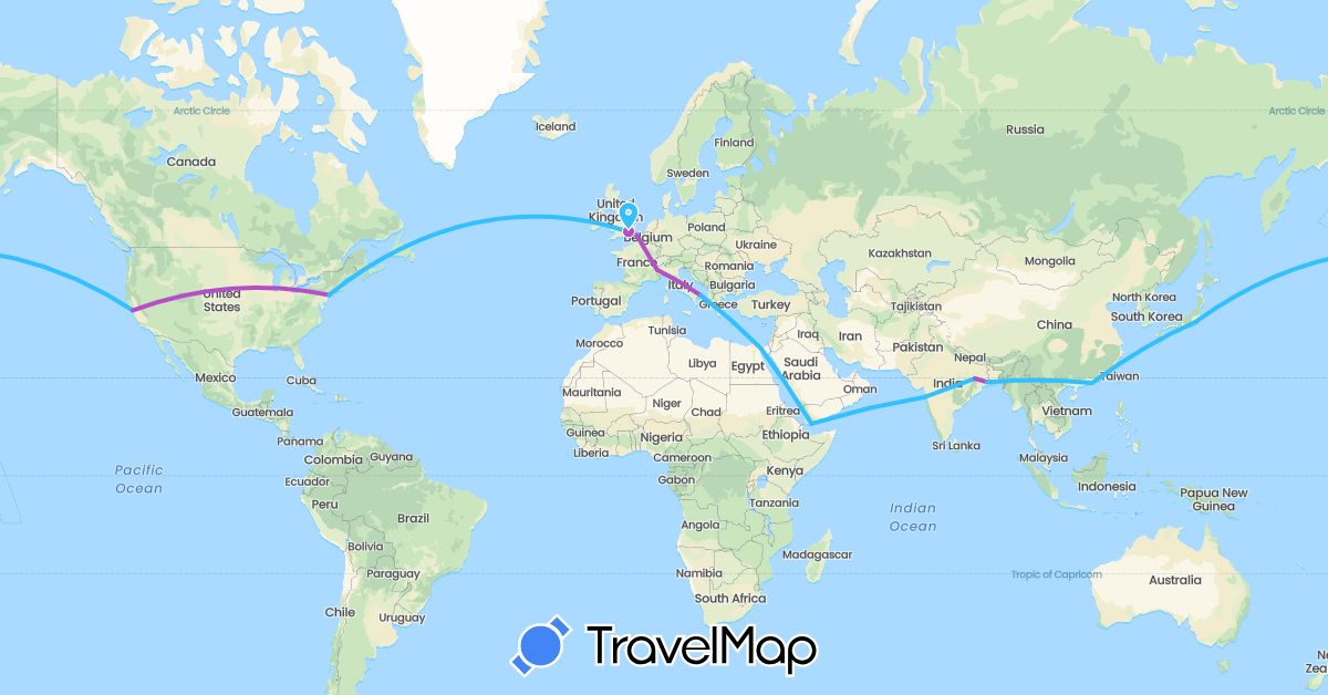 TravelMap itinerary: driving, train, boat in China, Egypt, France, United Kingdom, India, Italy, Japan, United States, Yemen (Africa, Asia, Europe, North America)
